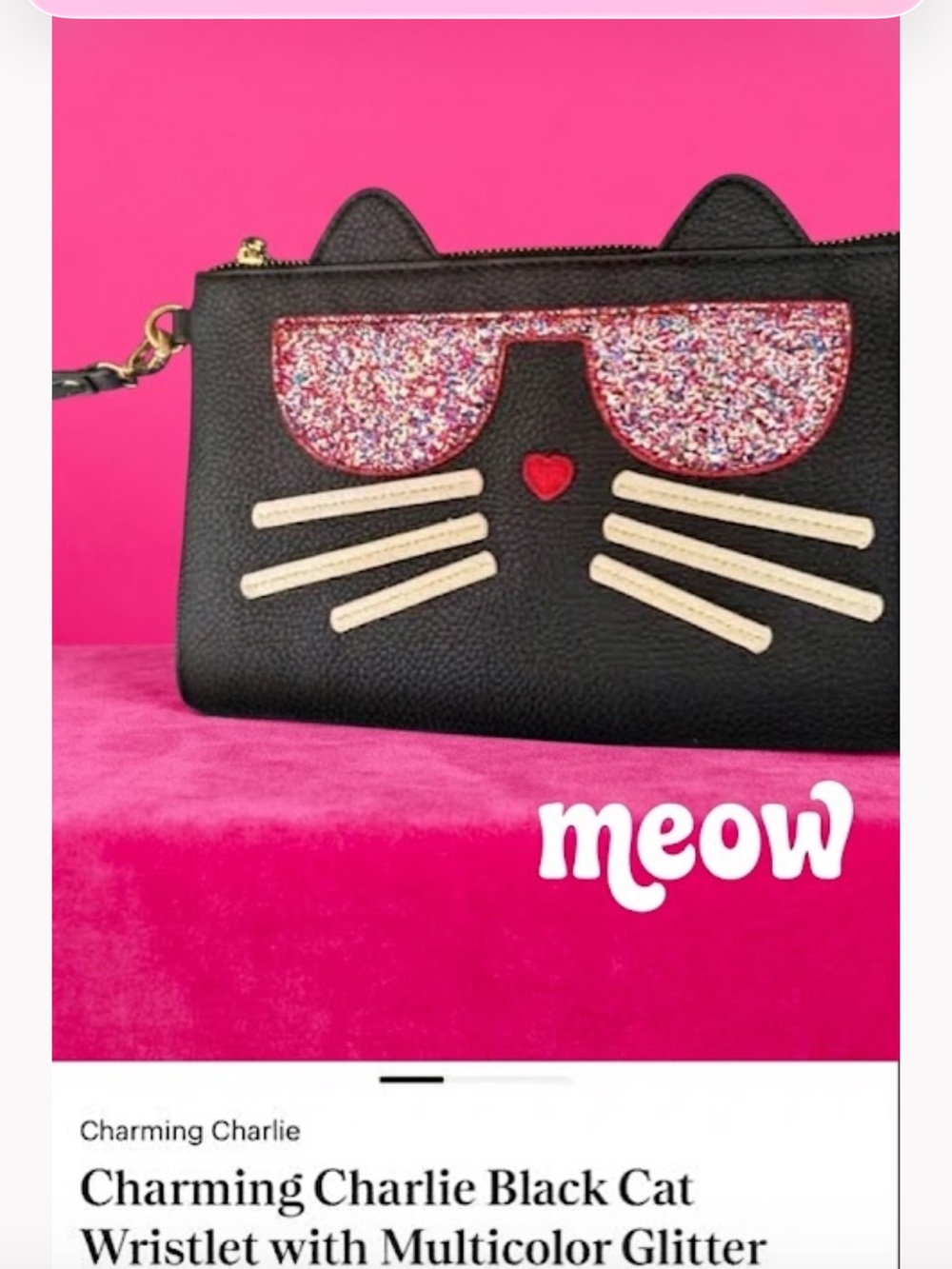 Charming Charlie Black Cat Wristlet with Multicolor Glitter Sunglasses